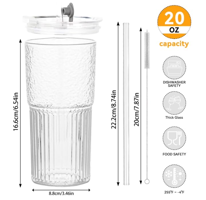 20 oz Glass Tumbler with Lid and Straw E40063
