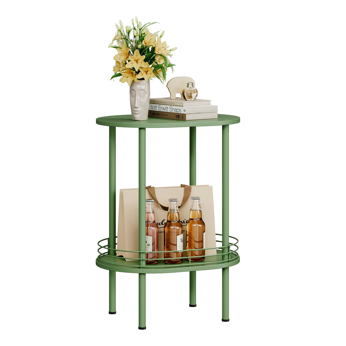 Oval Side Table with Storage, 2-Tier Green End Table T928