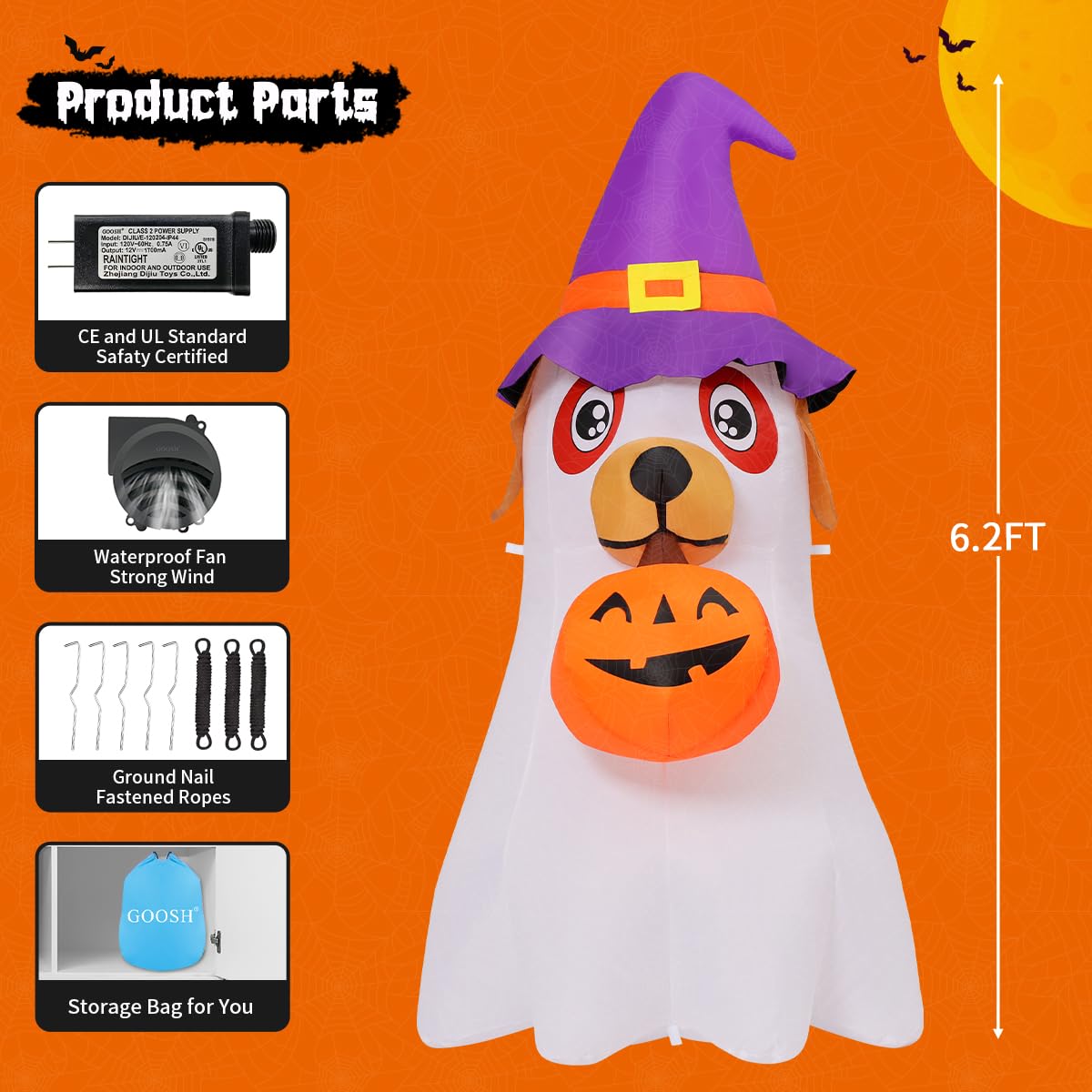 6.2 FT Halloween Inflatables Dog with Pumpkin Built-in LEDs C96368