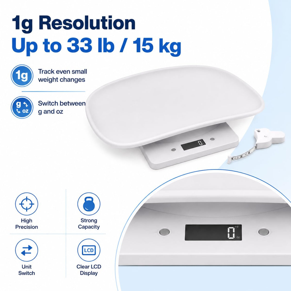 Digital Pet Scale with 1g Resolution and Tape Measure O150