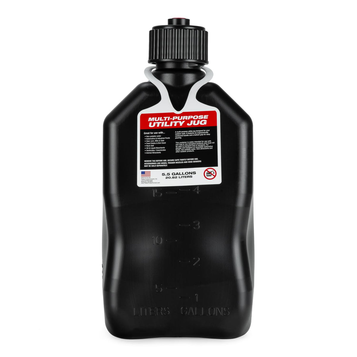 5.5 Gallon Square Motorsport Jug Black with Filler Hoses 4 Pack H915028