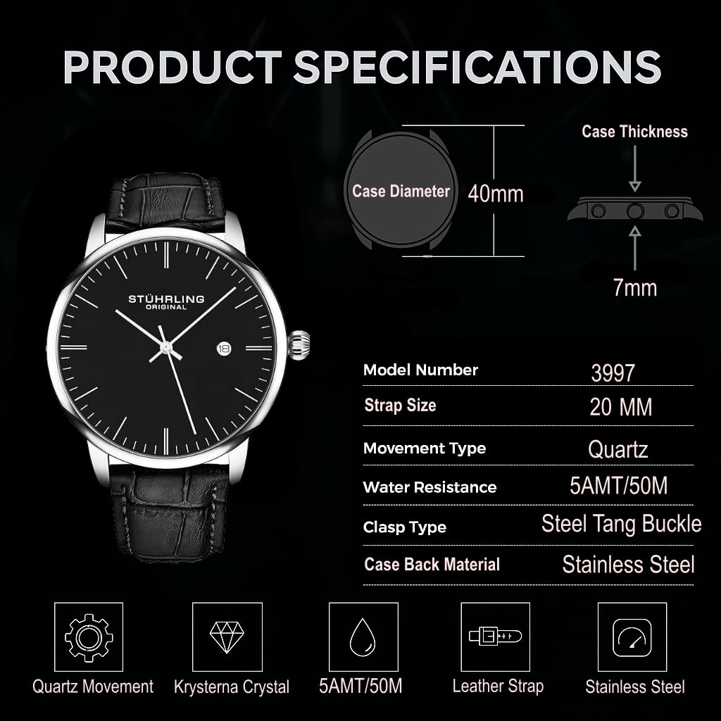 Men's 40mm Ultra Slim Leather Strap Quartz Analog Dress Watch R1962