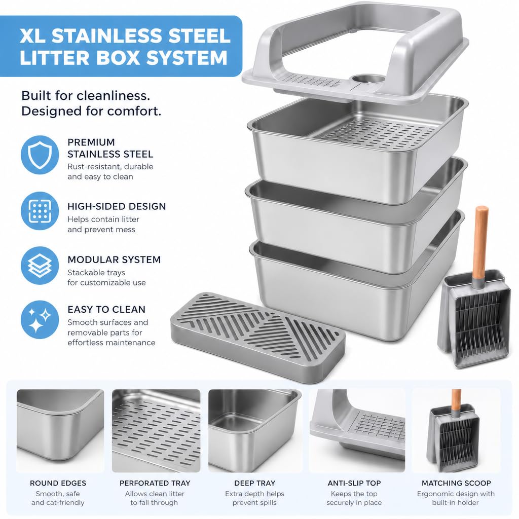 XL Stainless Steel Sifting Cat Litter Box with High Sides K294