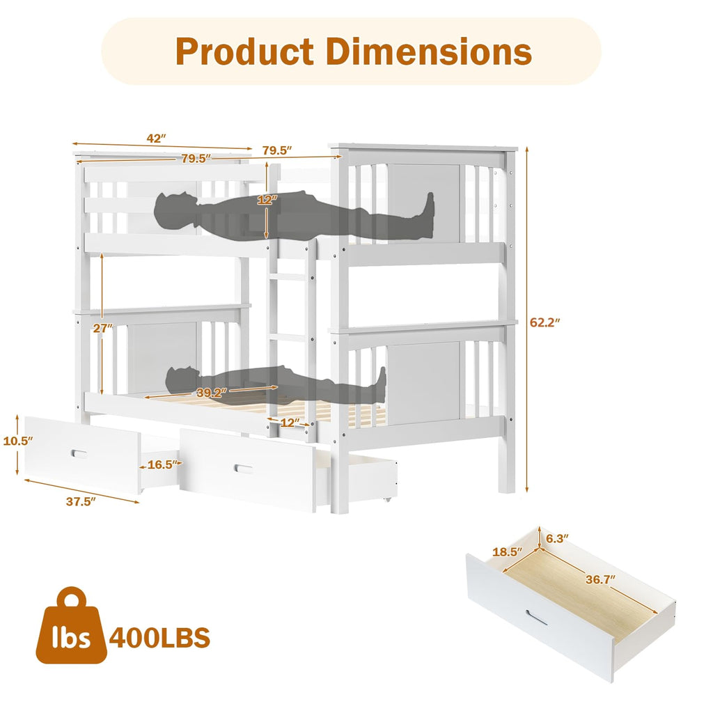 Solid Wood Twin-Over-Twin Bunk Bed with 2 Storage Drawers G3038