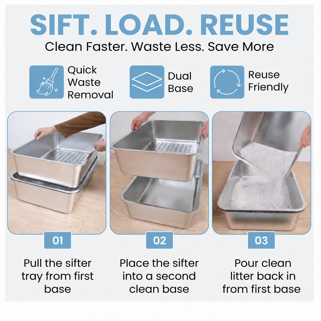 XL Stainless Steel Sifting Cat Litter Box with High Sides K294