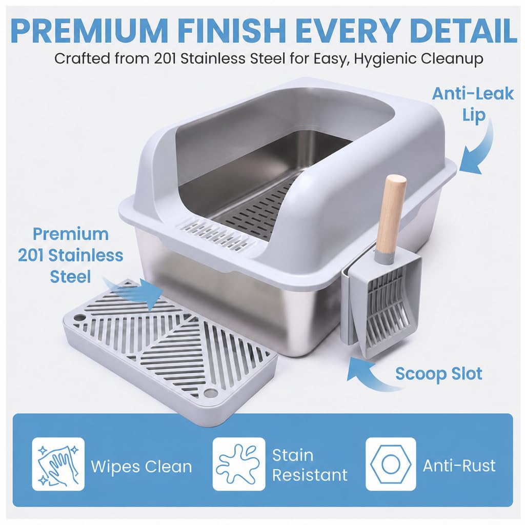 XL Stainless Steel Sifting Cat Litter Box with High Sides K294