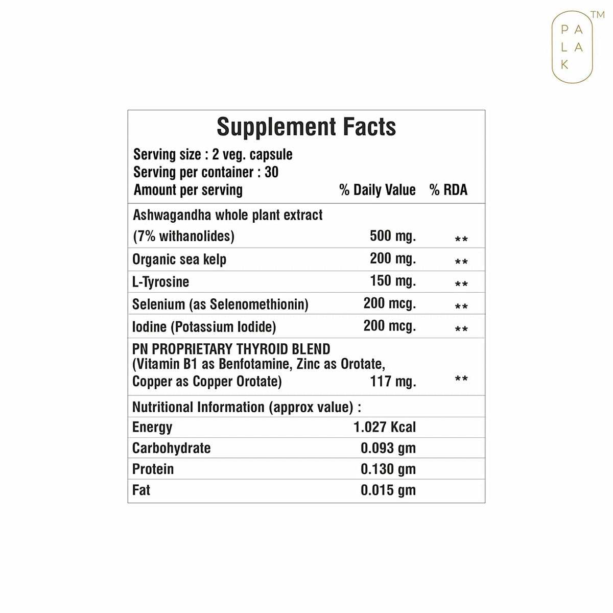 Selenium Sea Kelp L-Tyrosine Zinc Ashwagandha B1 60 Capsules I204