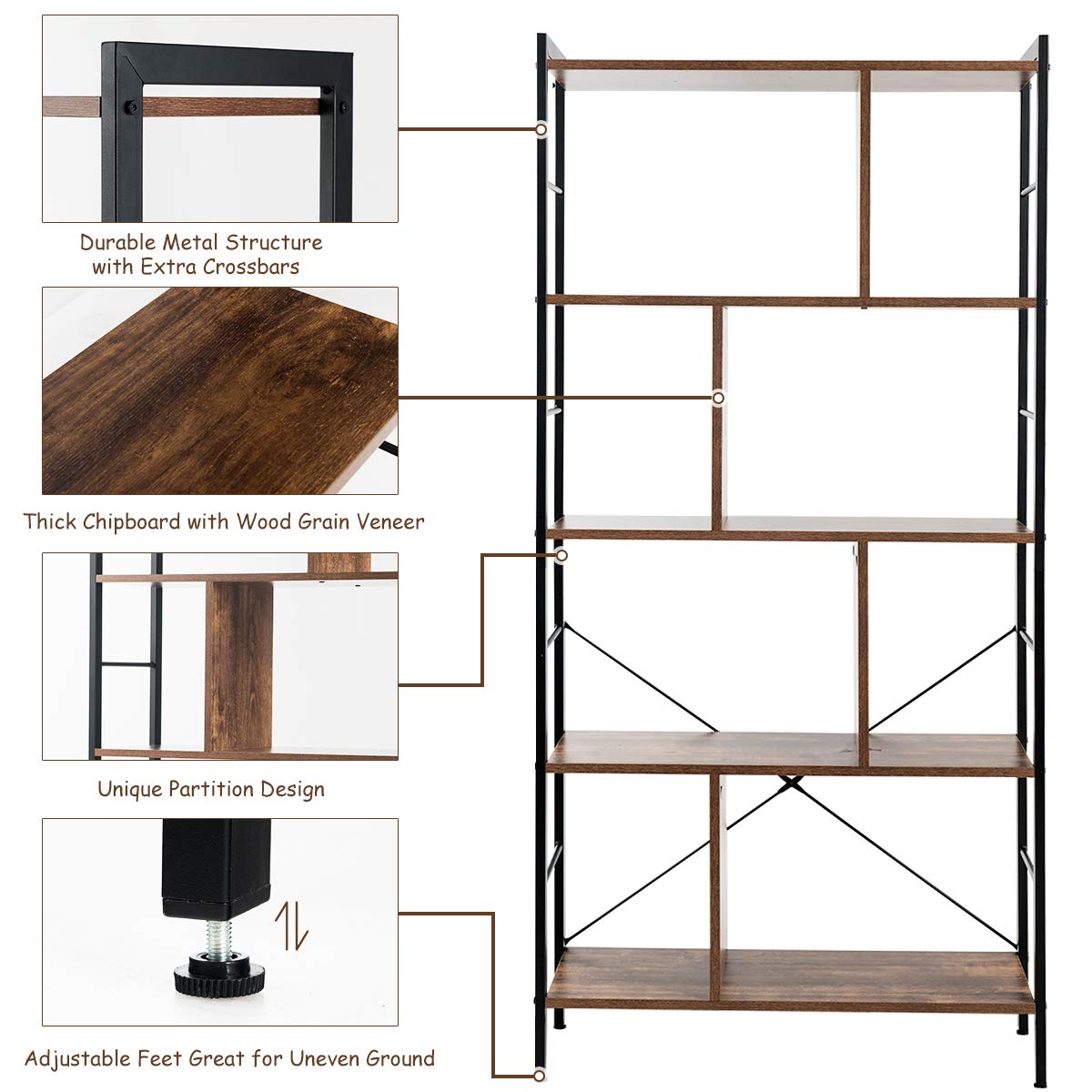 5-Tier Wood Bookshelf with Metal Frame W23505