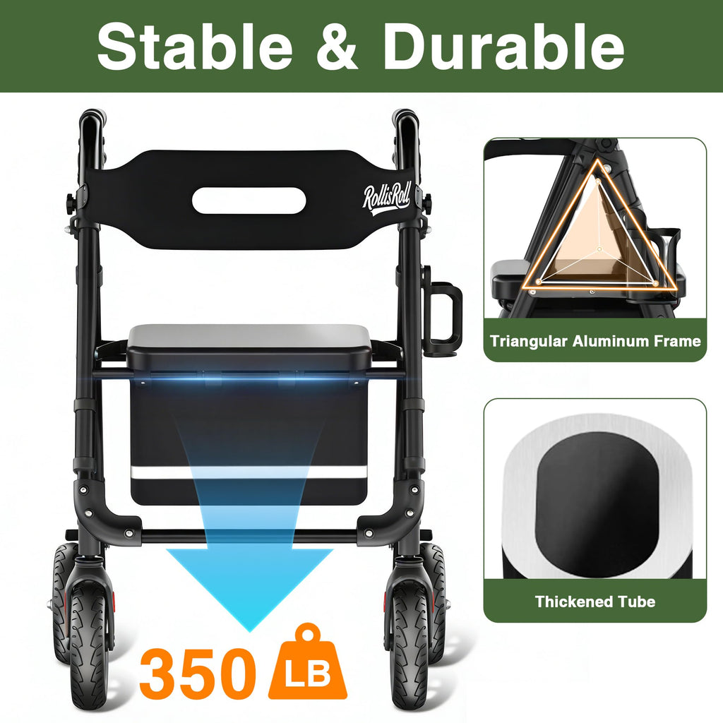 Lightweight Foldable Rollator Walker with 8" Rubber Wheels, 350lb Capacity, Black B806