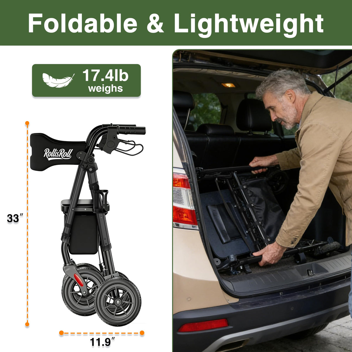 Lightweight Foldable Rollator Walker with 8" Rubber Wheels, 350lb Capacity, Black B806