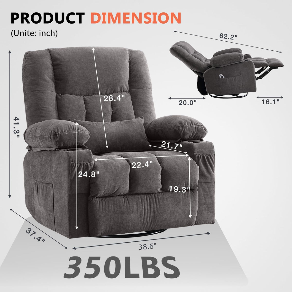 Swivel Rocker Recliner Chair with Massage and Heat J628657