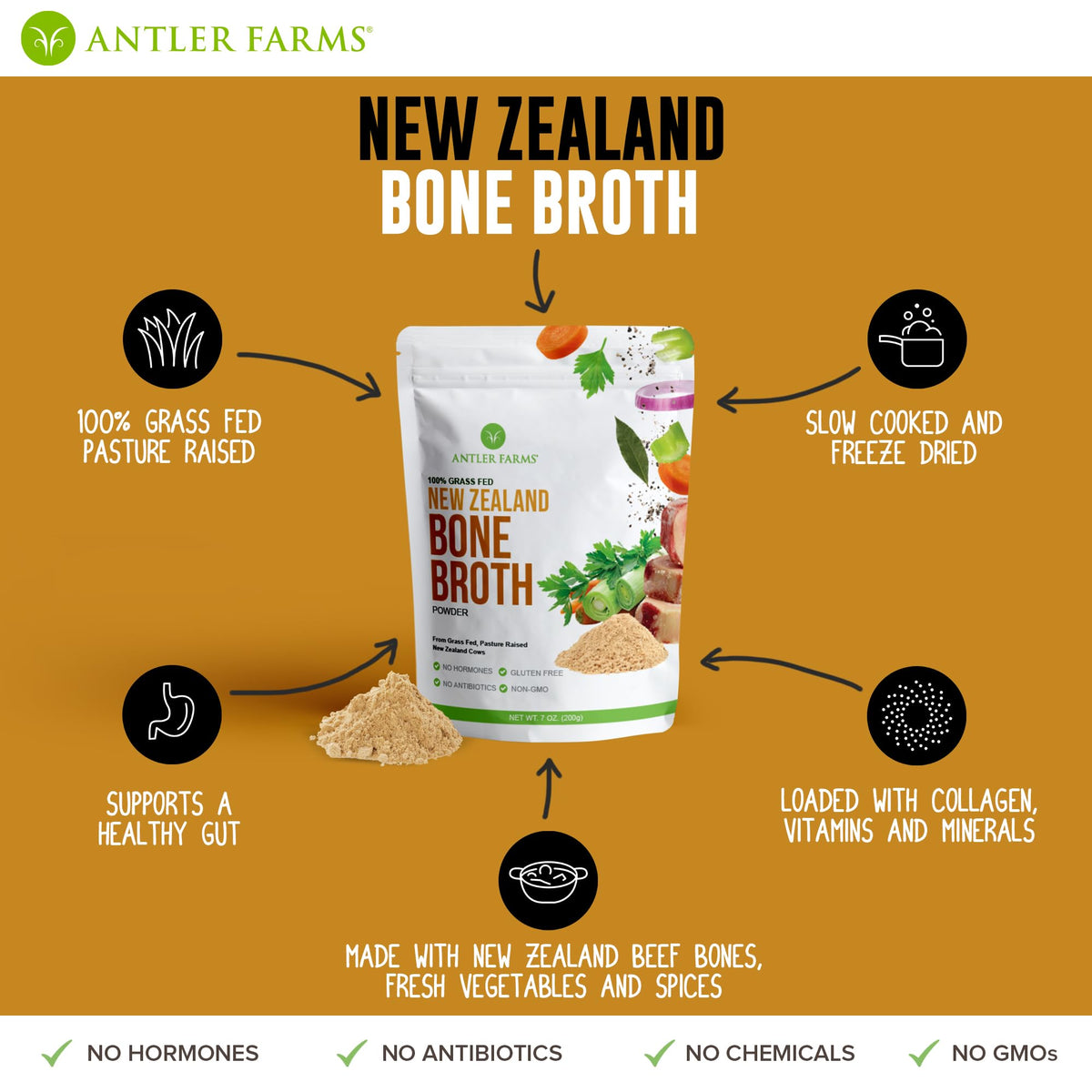 100% Grass Fed New Zealand Bone Broth Powder, 40 Servings, 200g Z9272