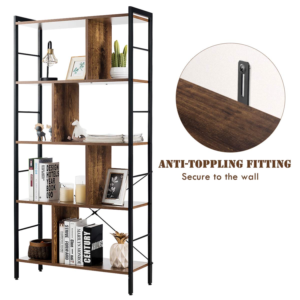 5-Tier Wood Bookshelf with Metal Frame W23505