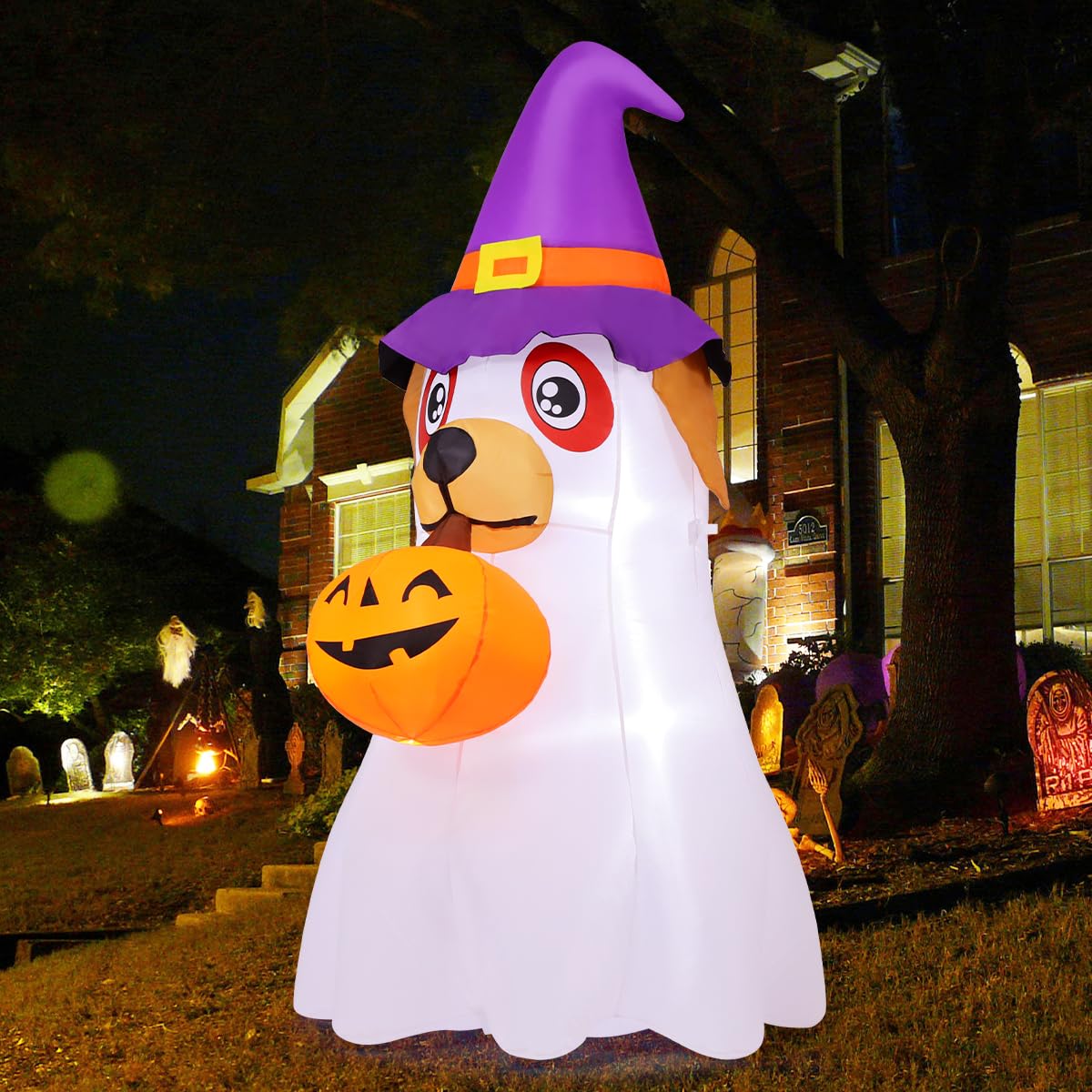 6.2 FT Halloween Inflatables Dog with Pumpkin Built-in LEDs C96368