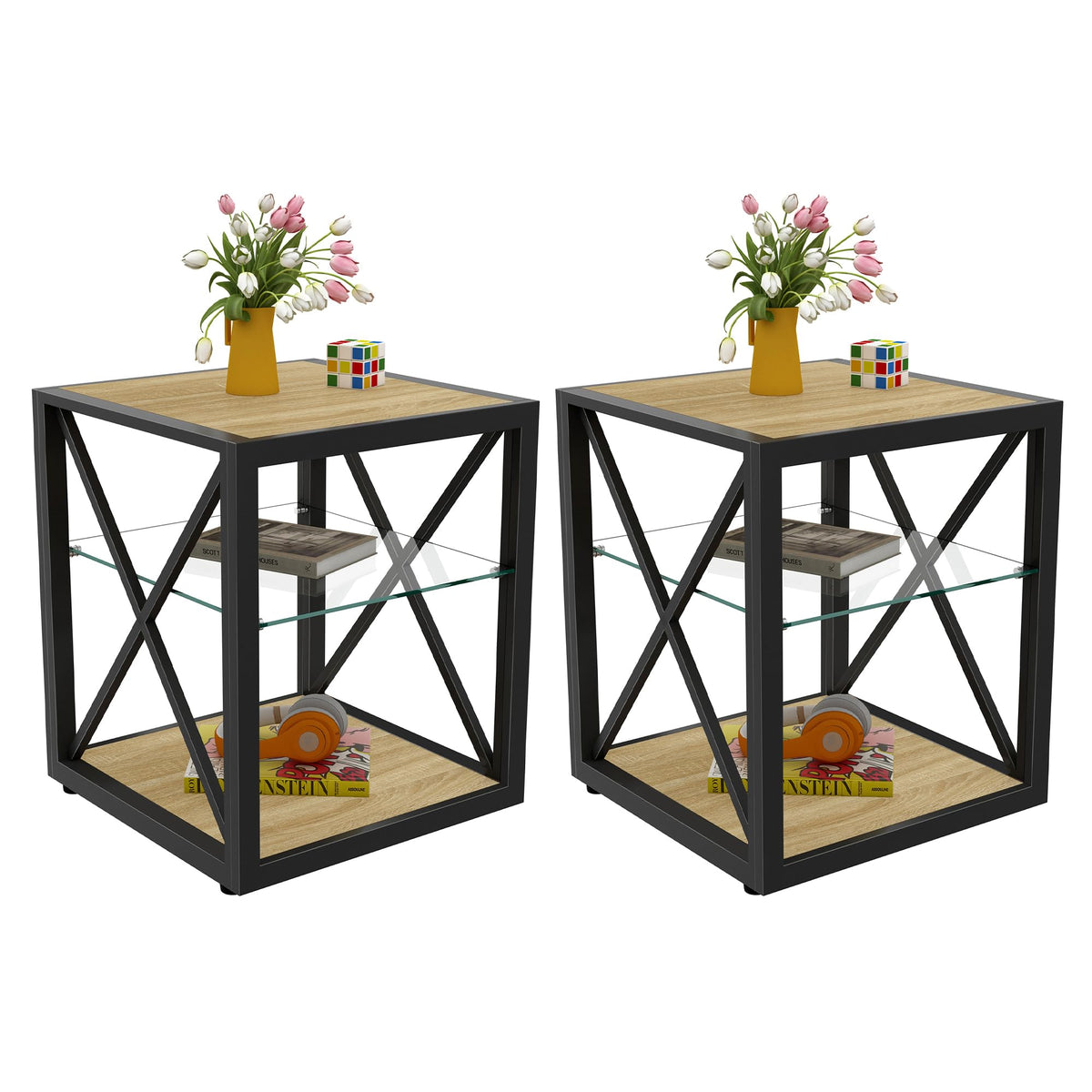 End Table Set of 2 with 3-Tier Storage Shelf U837452