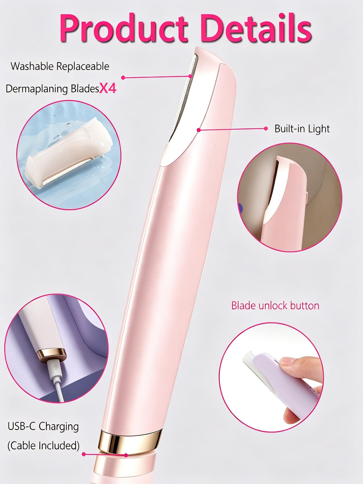 Pink Dermaplane Razor with LED Light and 4 Replacement Blades Q376676