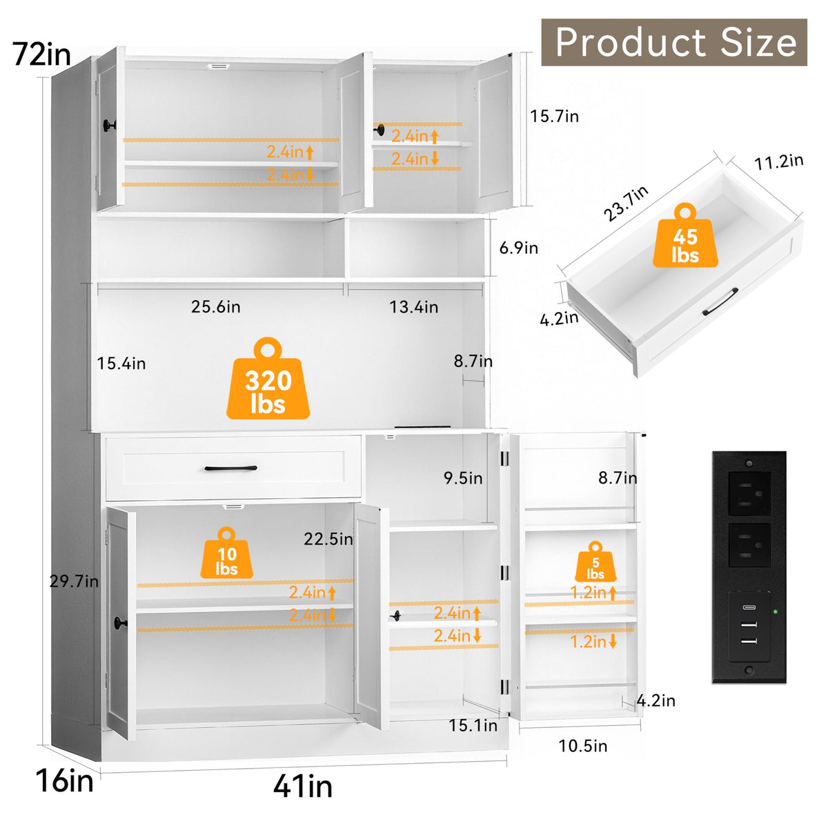 72" Kitchen Pantry Cabinet with LED Light and Charging Station W346