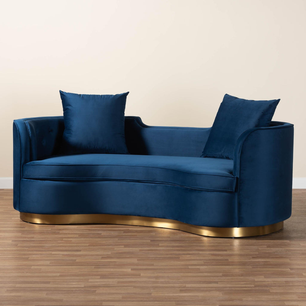 Navy Blue Velvet and Brushed Gold Metal Sofa E13503