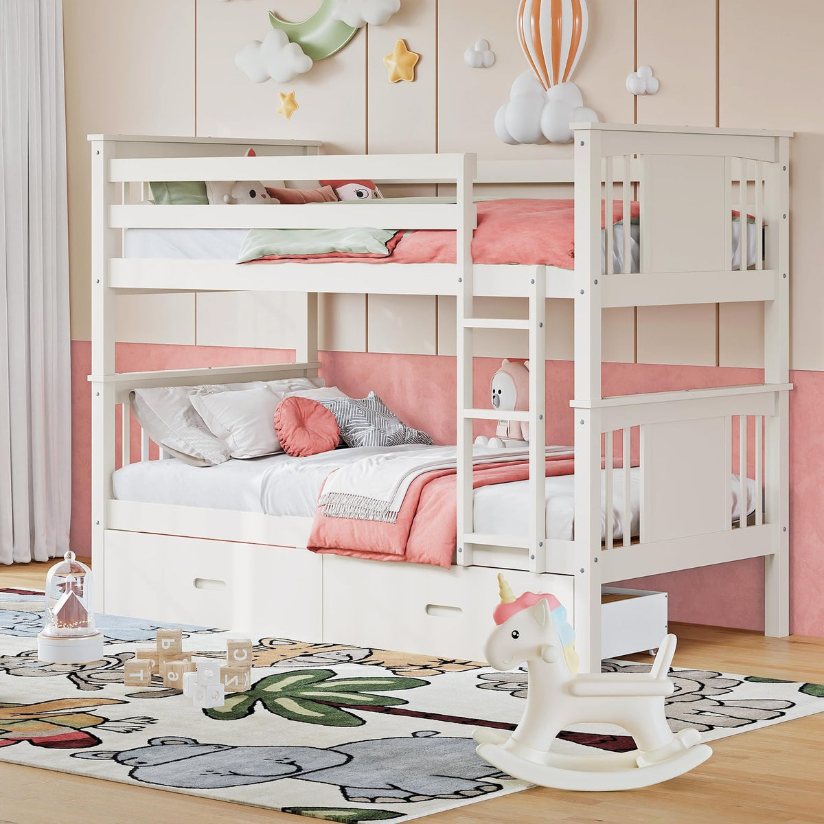 Solid Wood Twin-Over-Twin Bunk Bed with 2 Storage Drawers G3038