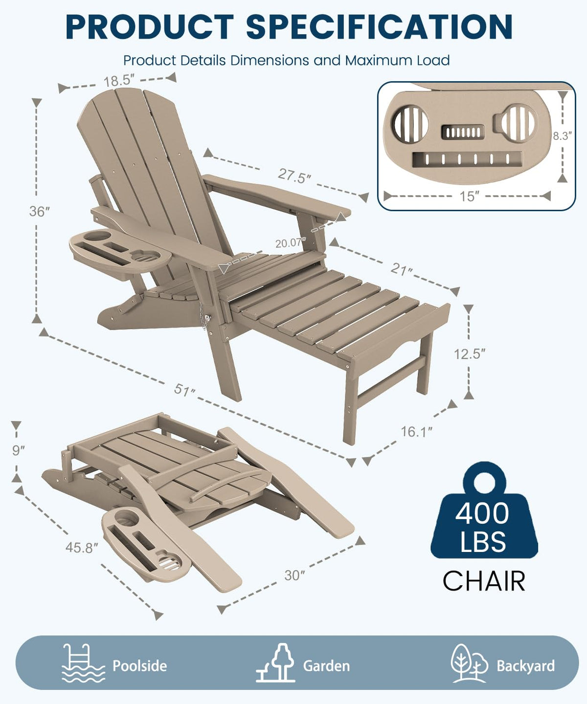 Folding Adjustable Adirondack Chair with Ottoman Set of 2 X6382