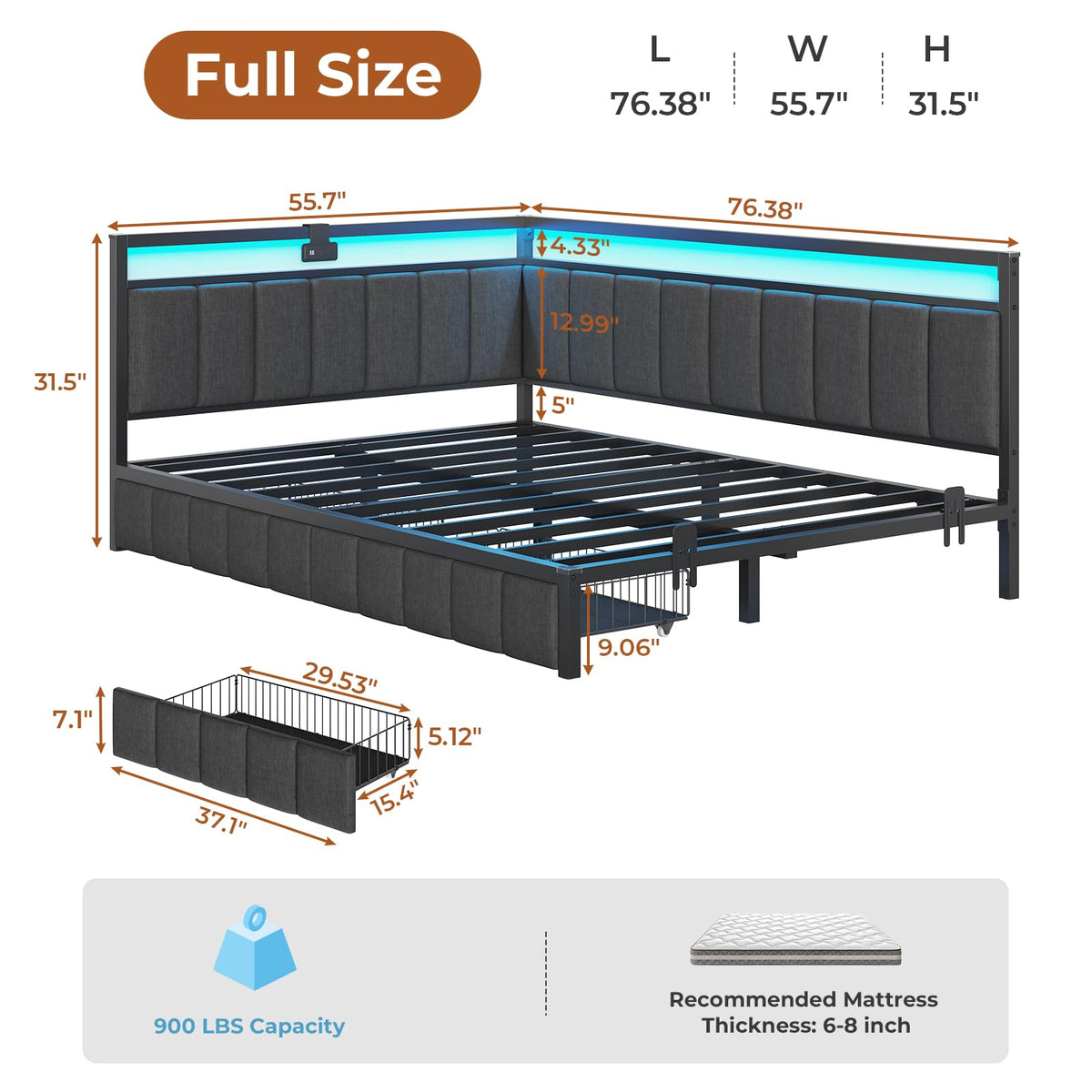 Full Size Corner Bed Frame with 2 Storage Drawers and Charging Station R341