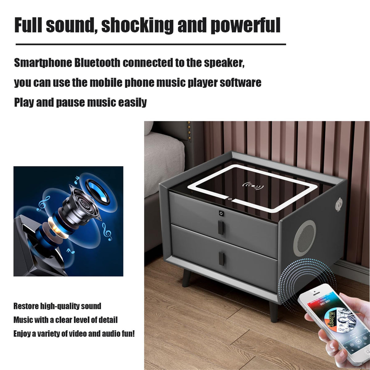 Smart Bedside Table with Fingerprint Reader and Wireless Charging Station N9178