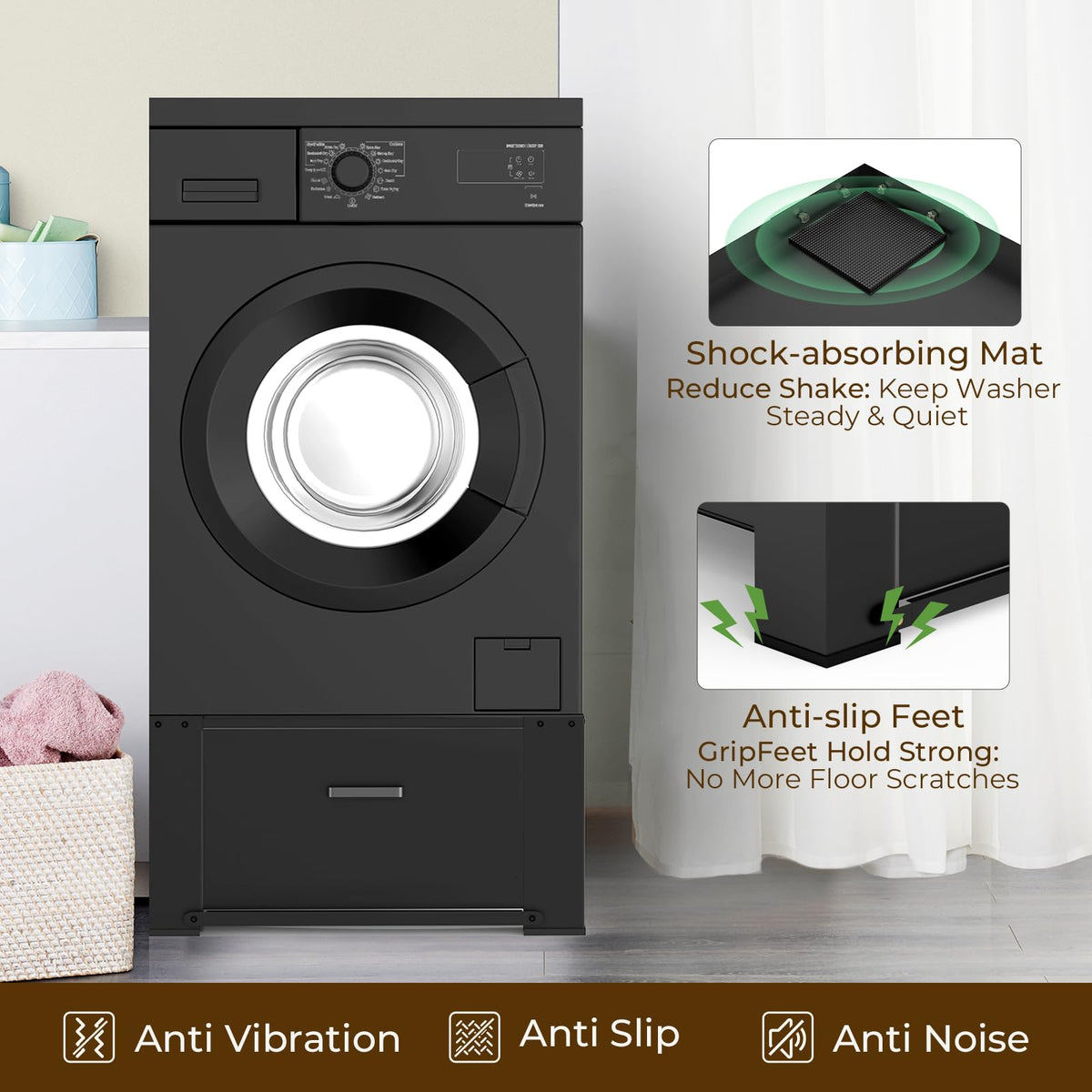Black Washer and Dryer Pedestal with Drawer Q736111