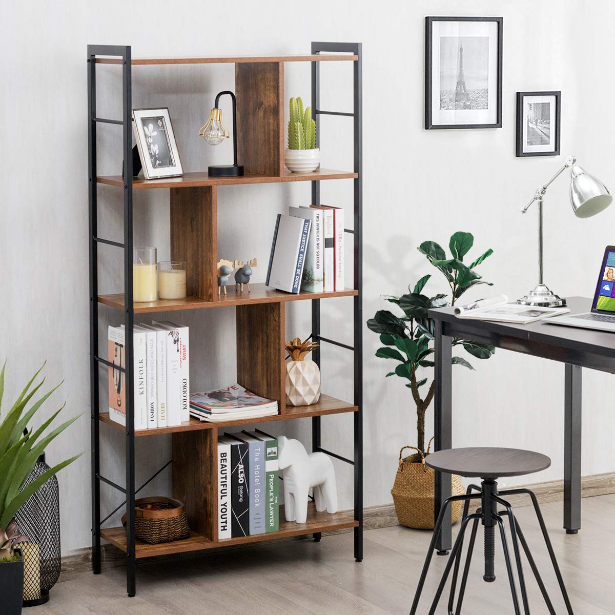 5-Tier Wood Bookshelf with Metal Frame W23505