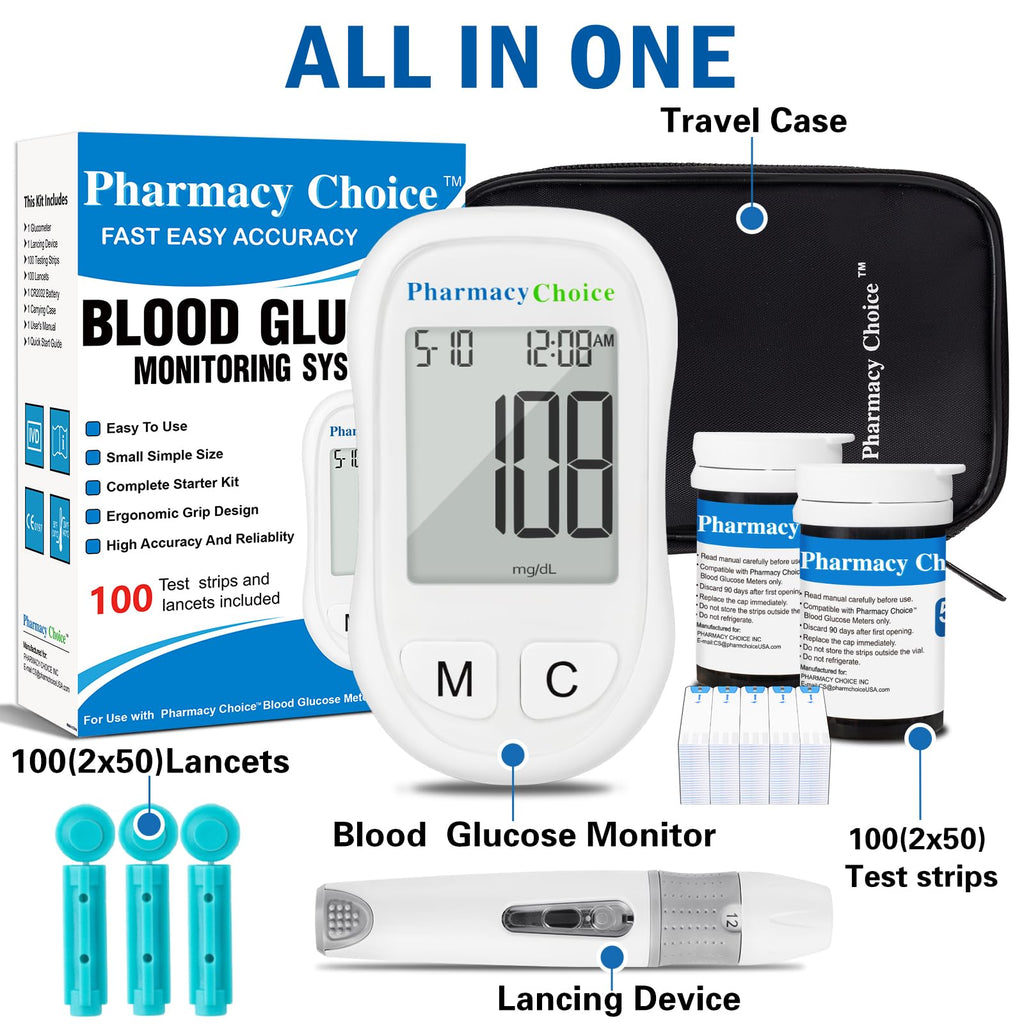 Blood Glucose Monitor Kit, 100 Strips, Meter, Lancing Device J3445