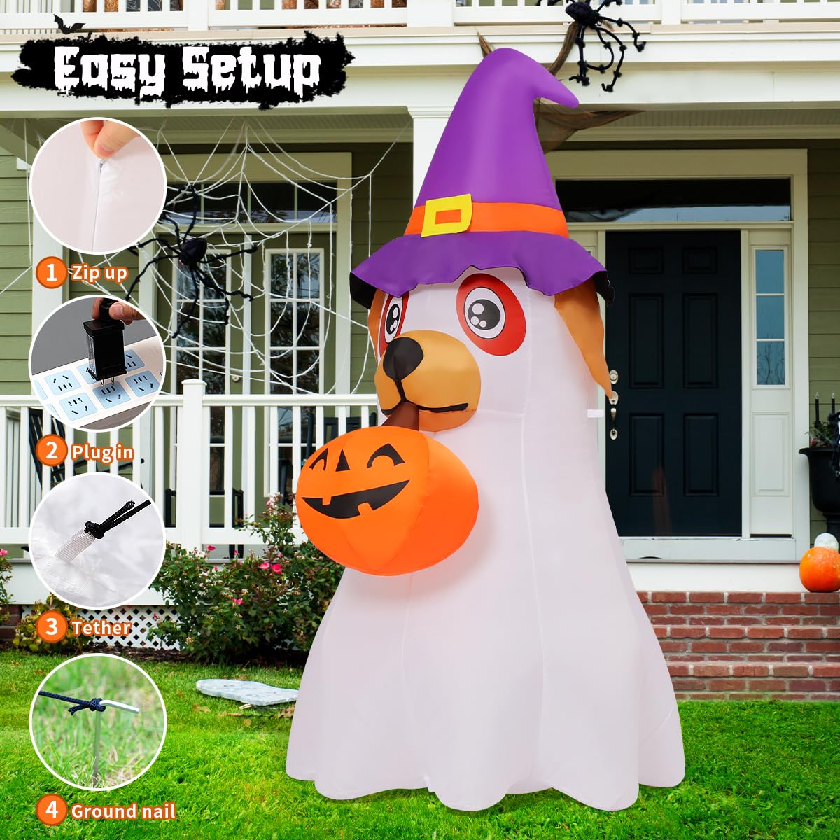 6.2 FT Halloween Inflatables Dog with Pumpkin Built-in LEDs C96368