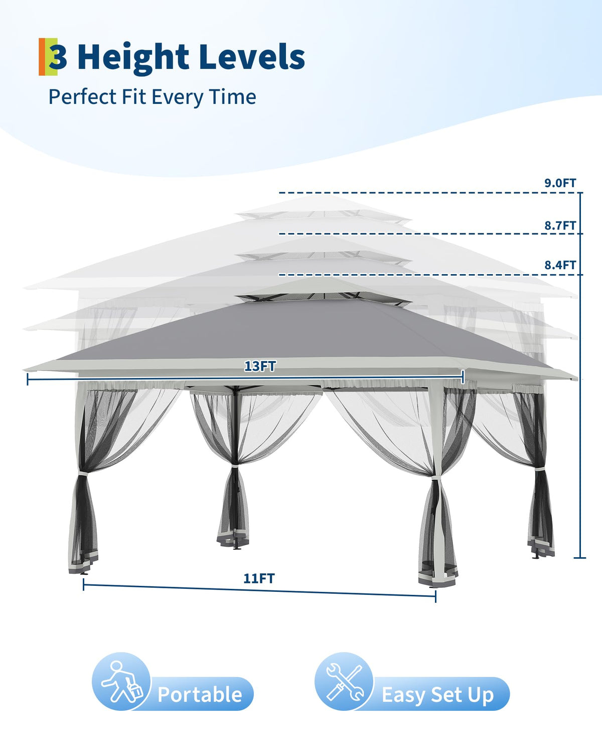 13x13FT Pop Up Gazebo with Mosquito Netting, Grey V978
