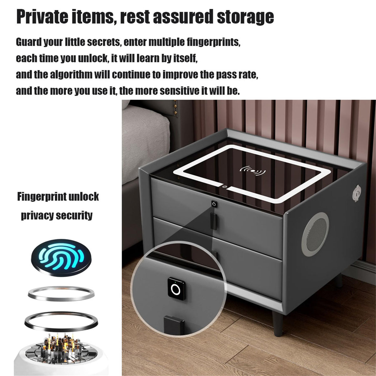 Smart Bedside Table with Fingerprint Reader and Wireless Charging Station N9178