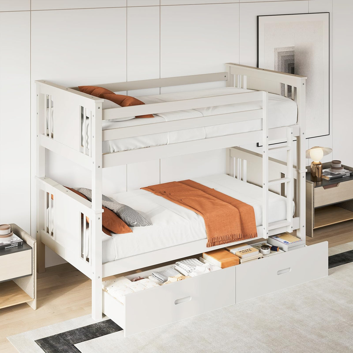 Solid Wood Twin-Over-Twin Bunk Bed with 2 Storage Drawers G3038
