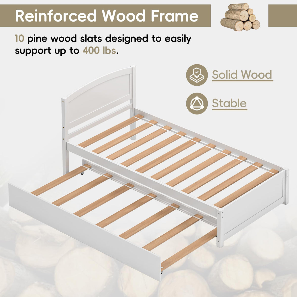 White Twin Trundle Bed with Headboard Z446