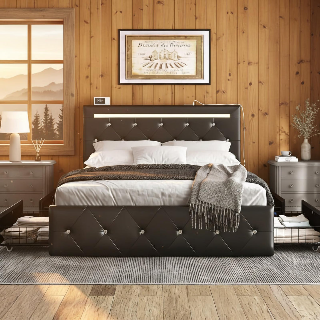 Full Upholstered Bed Frame with 4 Storage Drawers & Headboard X71484