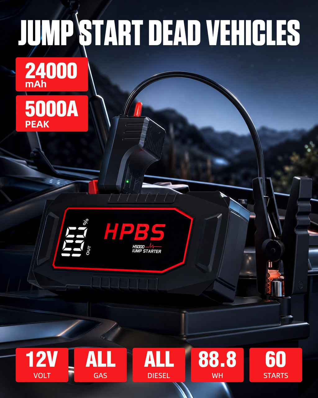 5000A Peak 12V Portable Jump Starter with 3.0" LCD Display Y504