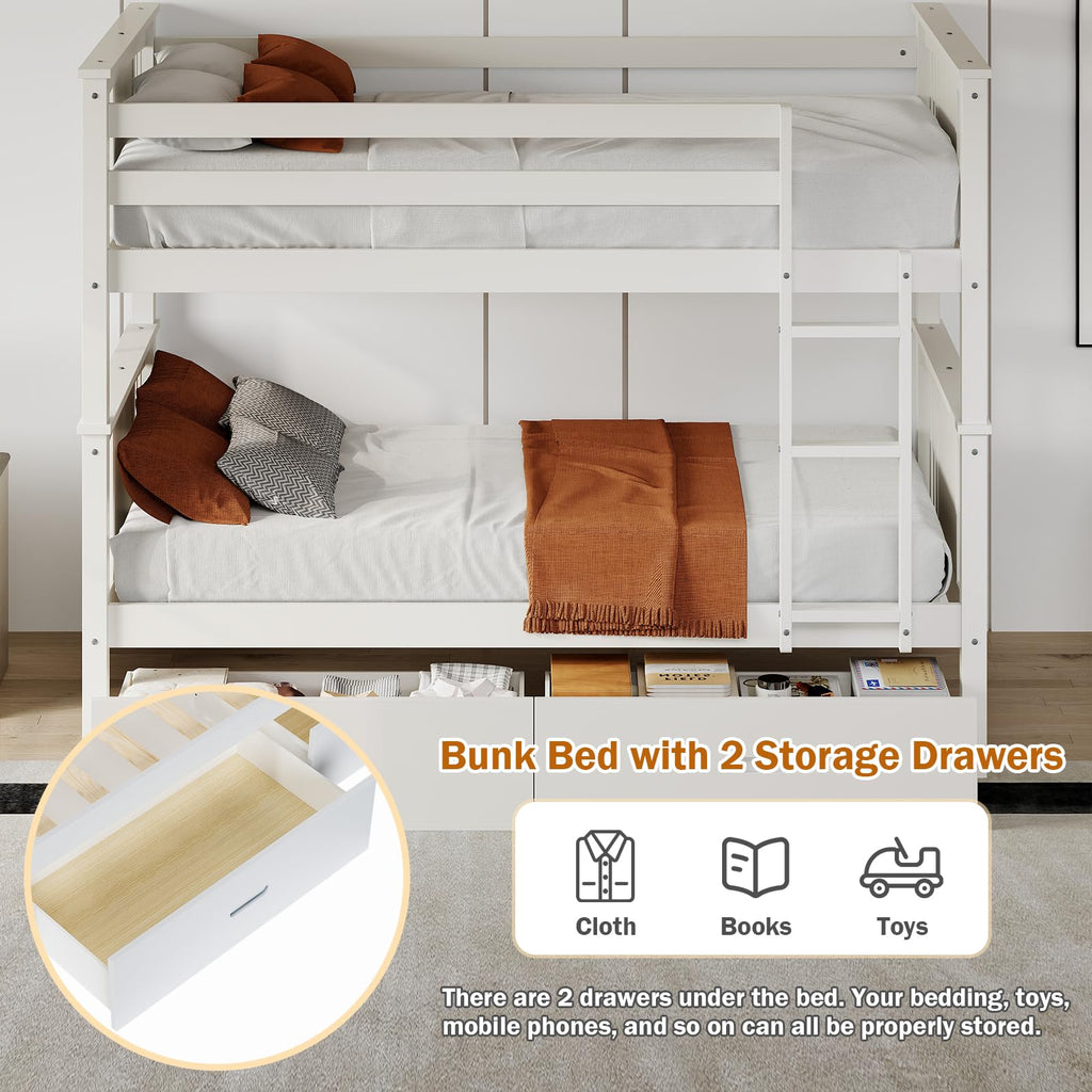 Solid Wood Twin-Over-Twin Bunk Bed with 2 Storage Drawers G3038