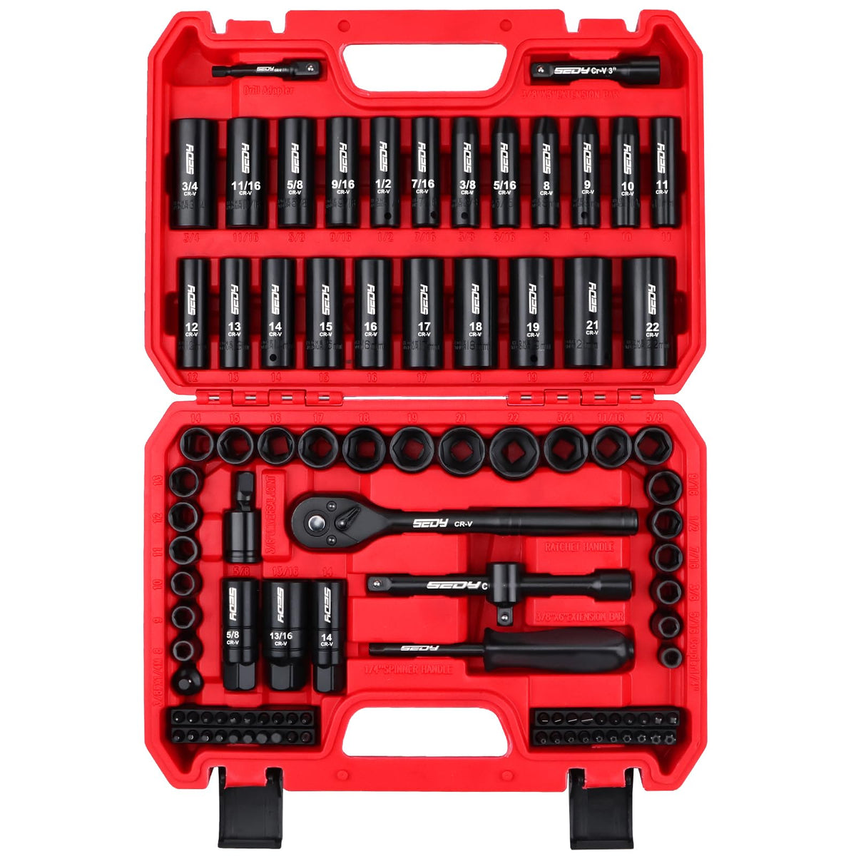 96-Piece 3/8" Drive Impact Socket Wrench and Bit Set, SAE & Metric, Cr-V Standard & Deep Sockets V220400