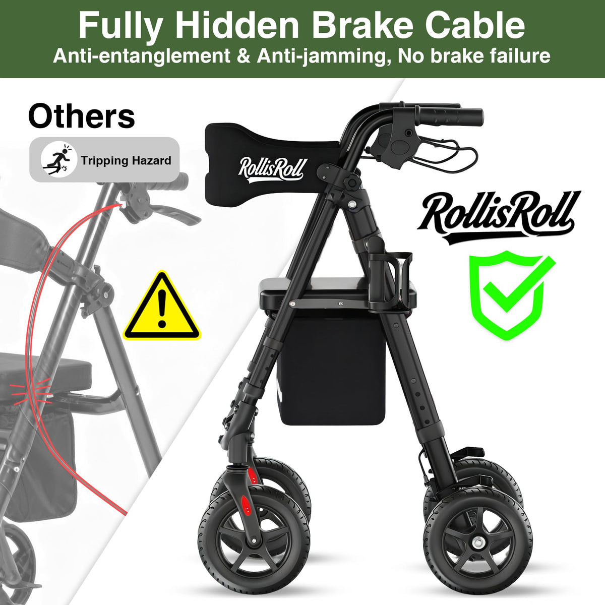 Lightweight Foldable Rollator Walker with 8" Rubber Wheels, 350lb Capacity, Black B806