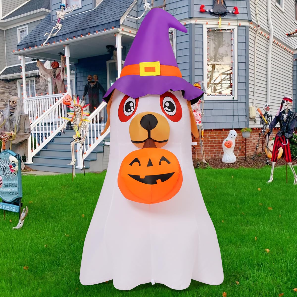 6.2 FT Halloween Inflatables Dog with Pumpkin Built-in LEDs C96368