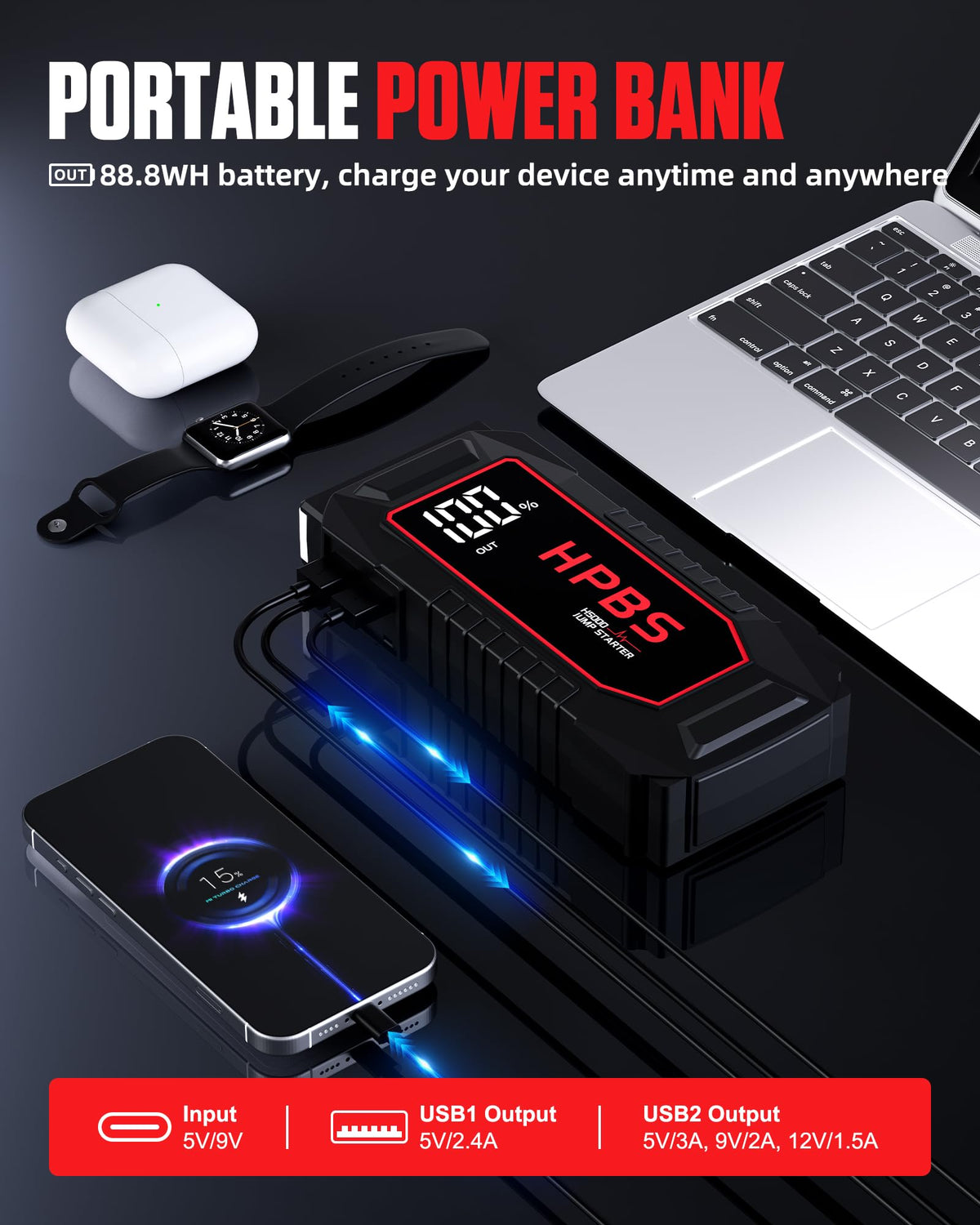 5000A Peak 12V Portable Jump Starter with 3.0" LCD Display Y504