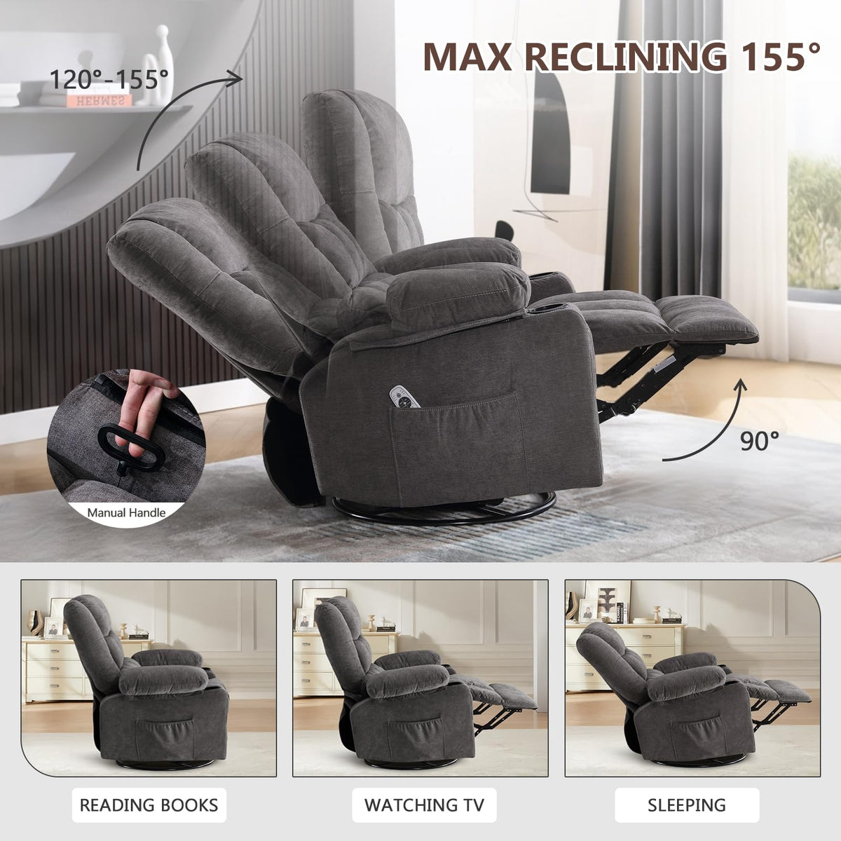 Swivel Rocker Recliner Chair with Massage and Heat J628657