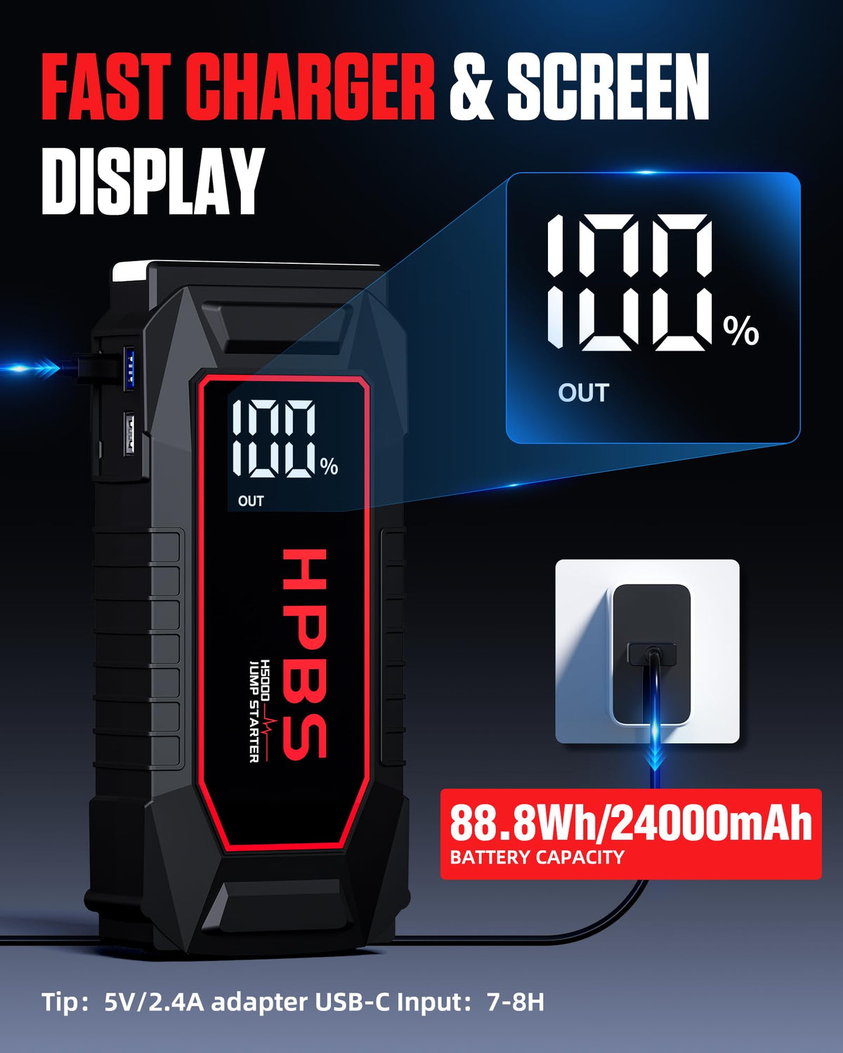 5000A Peak 12V Portable Jump Starter with 3.0" LCD Display Y504