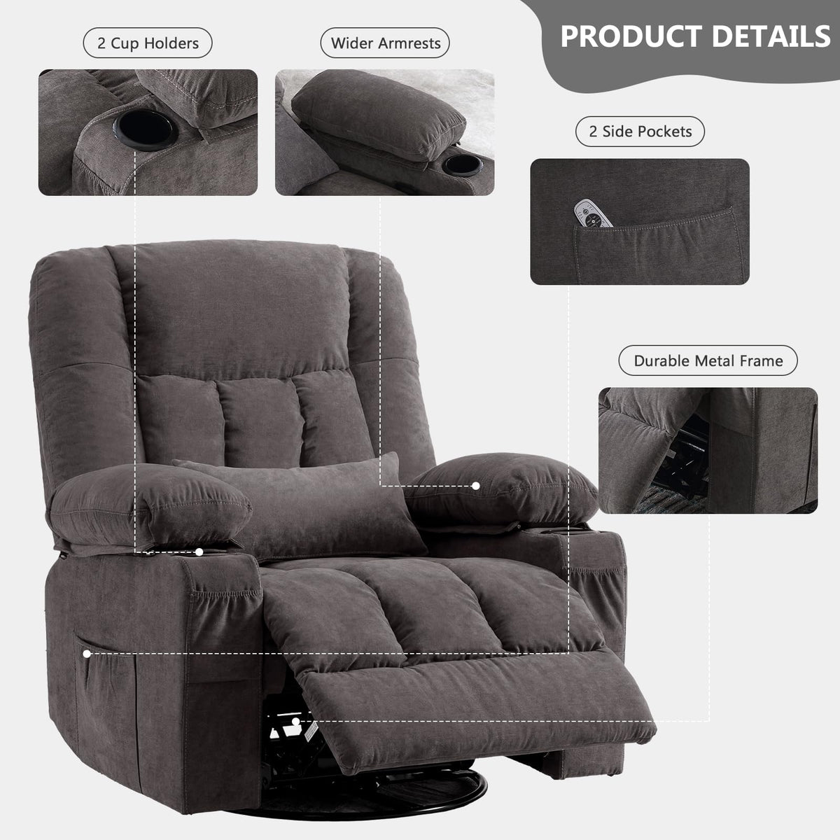 Swivel Rocker Recliner Chair with Massage and Heat J628657