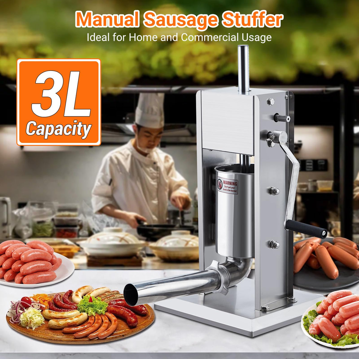 Manual Stainless Steel Sausage Stuffer with 5 Stuffing Tubes V826874