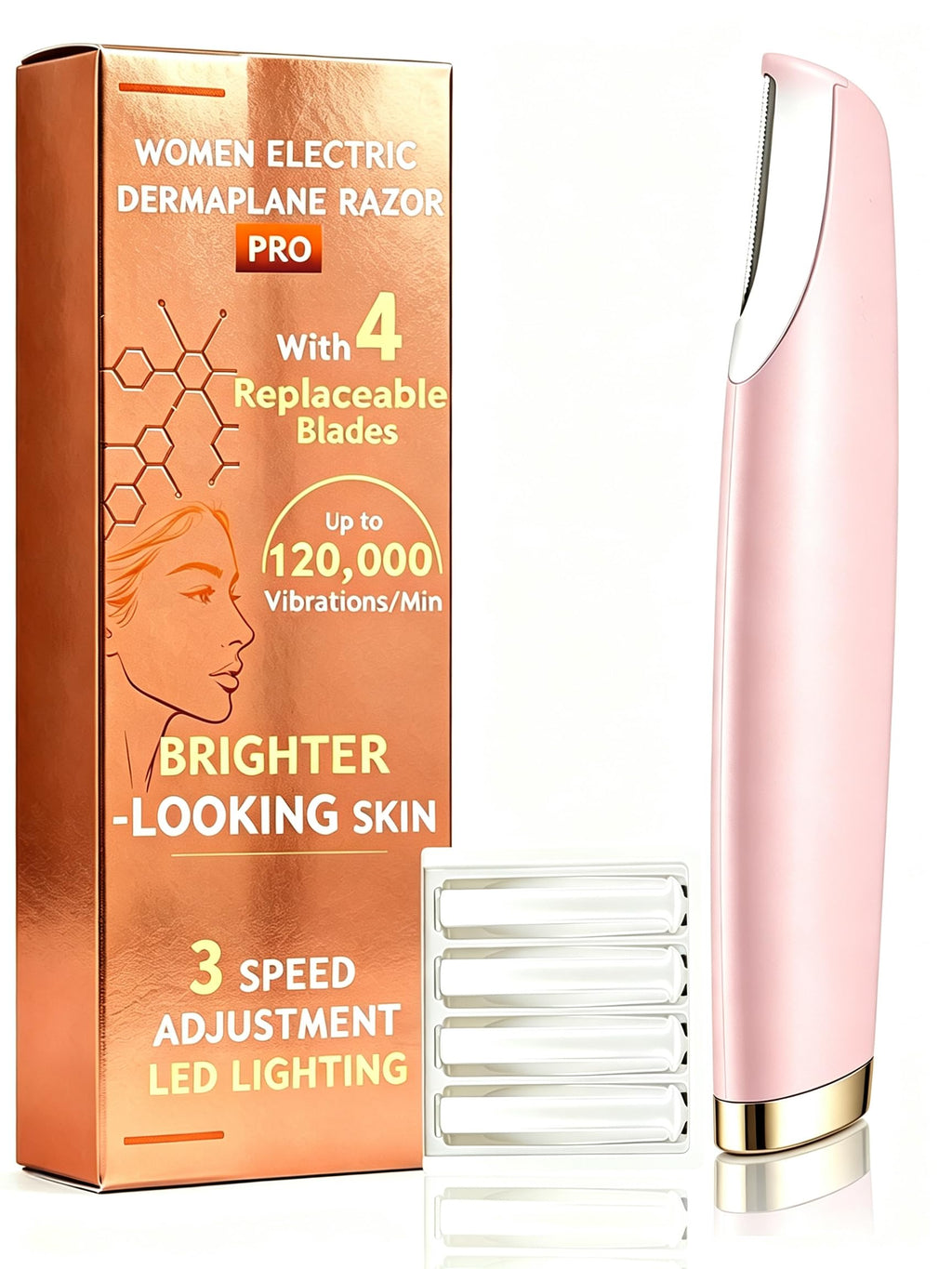 Pink Dermaplane Razor with LED Light and 4 Replacement Blades Q376676