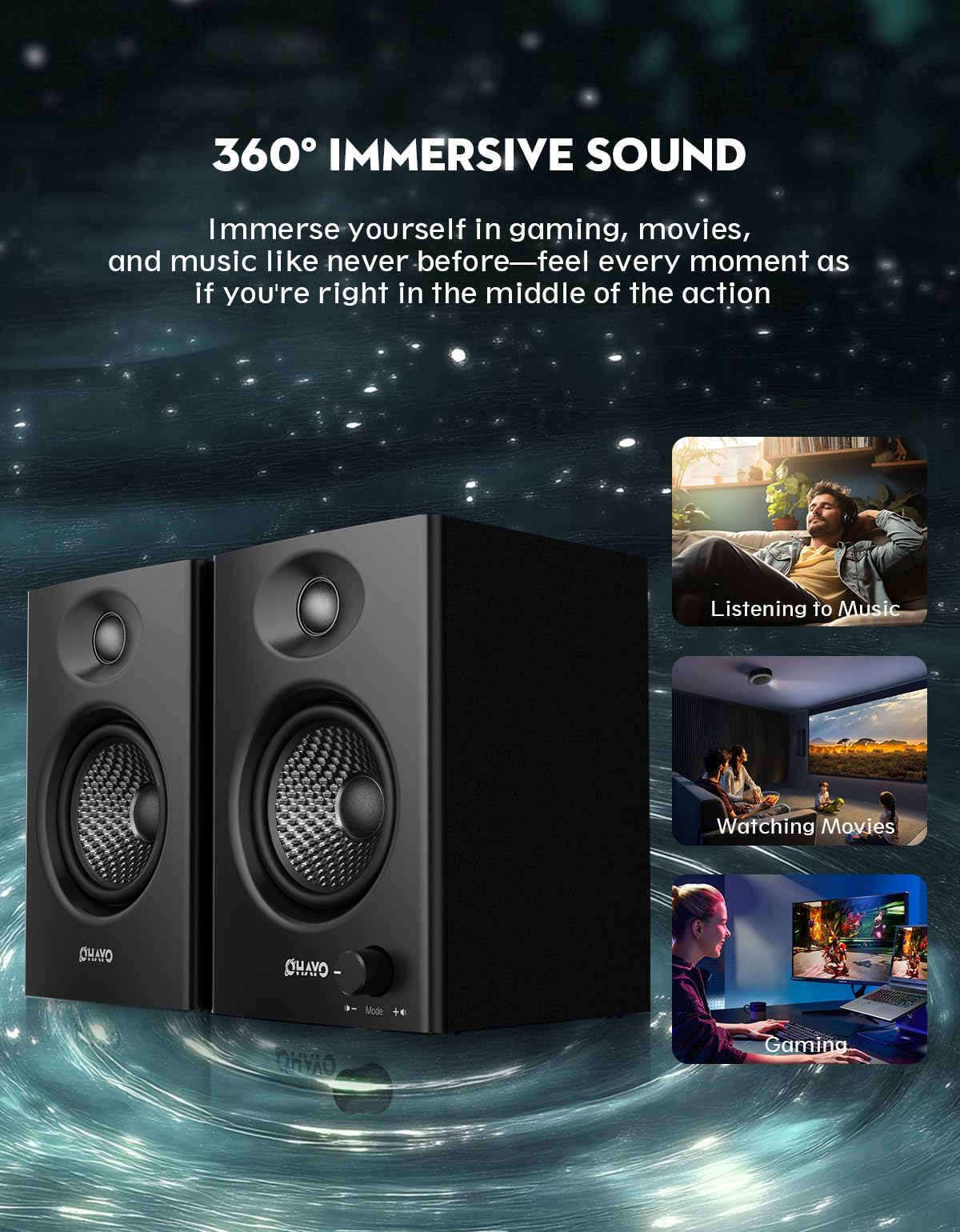 60W Bluetooth 5.3 Stereo 2.0 Computer Speakers 1 Pair Black V3801