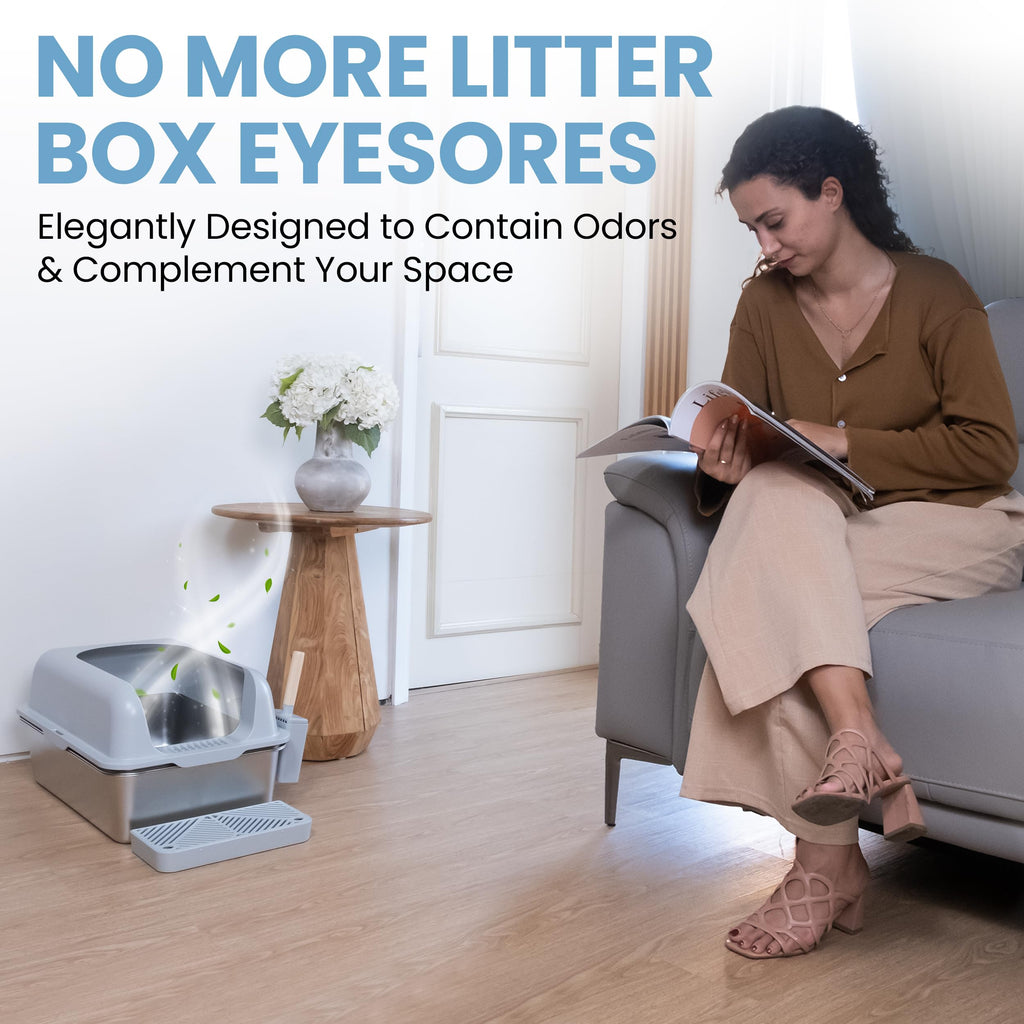 XL Stainless Steel Sifting Cat Litter Box with High Sides K294
