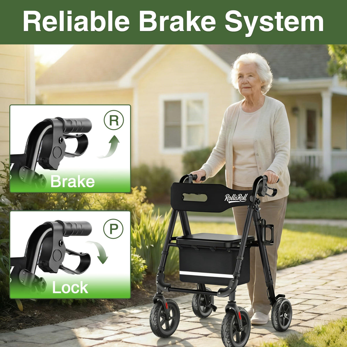 Lightweight Foldable Rollator Walker with 8" Rubber Wheels, 350lb Capacity, Black B806