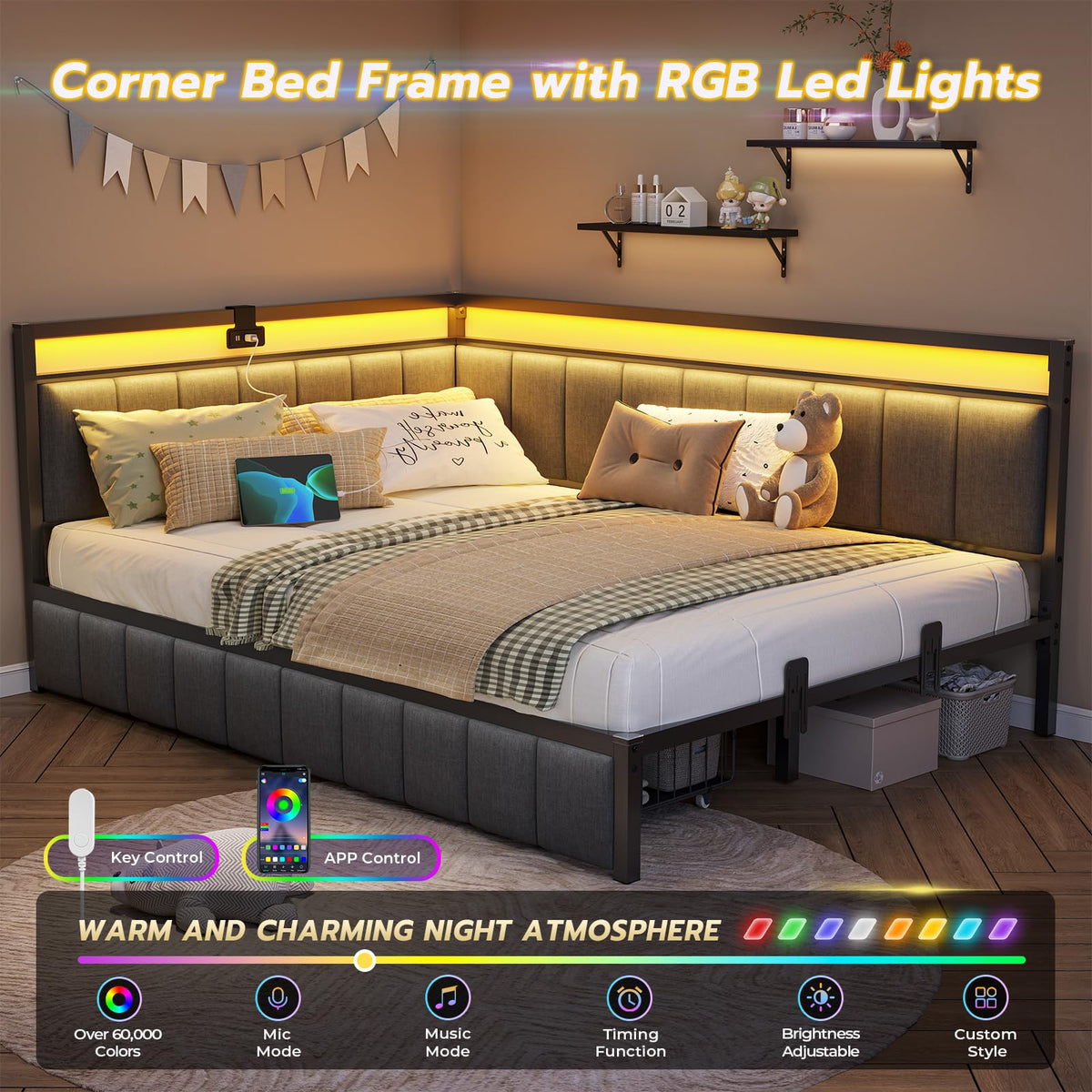 Full Size Corner Bed Frame with 2 Storage Drawers and Charging Station R341
